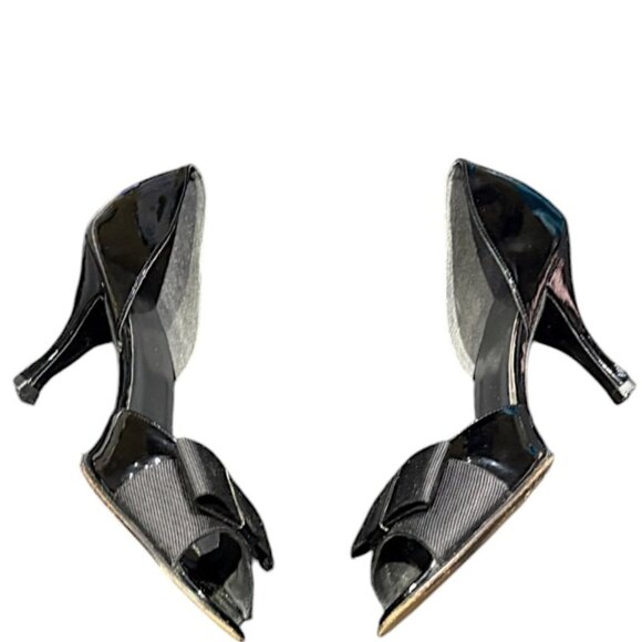 Stuart Weitzman Black Patent Leather Cut Out Peep Toe Heel Grosgrain Bow Size 9N - Picture 3 of 9